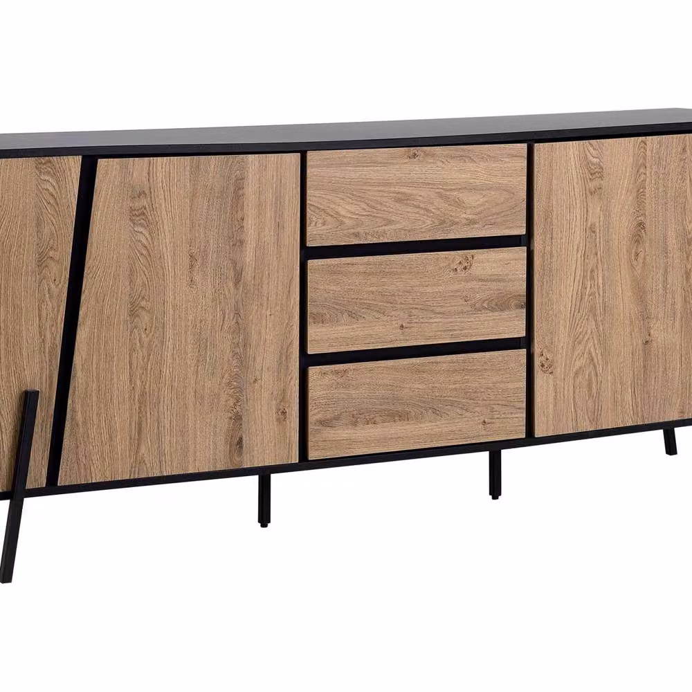 Wyld and Coco Nordic Sideboard in Light Brown and Black with 2 Cabinets and 3 Drawers – 2