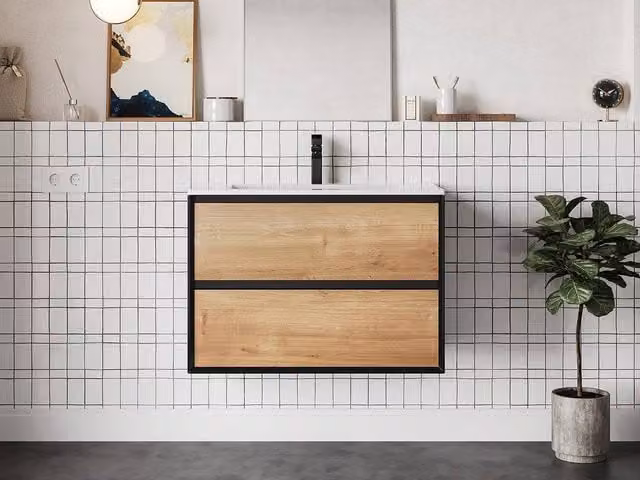 LANNICK LANNICK Wall-Mounted Vanity Unit in Natural and Black, W: 80 cm, D: 45.6 cm, H: 55 cm – 1