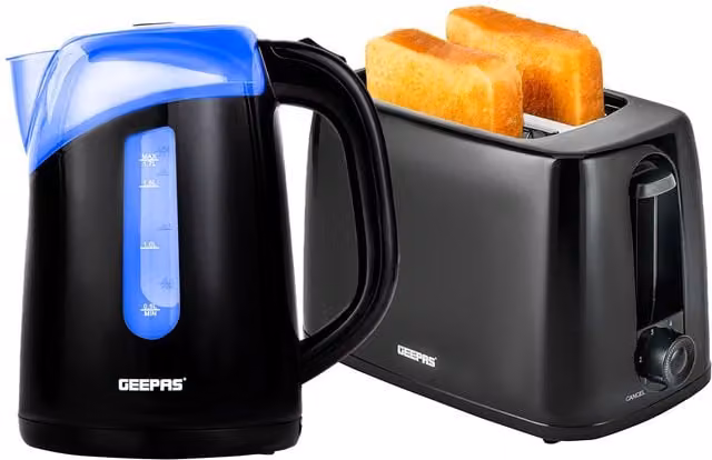 Geepas Kettle and 2-Slice Toaster Set in Blue and Black with 1.7L Capacity and 6 Browning Levels – 1