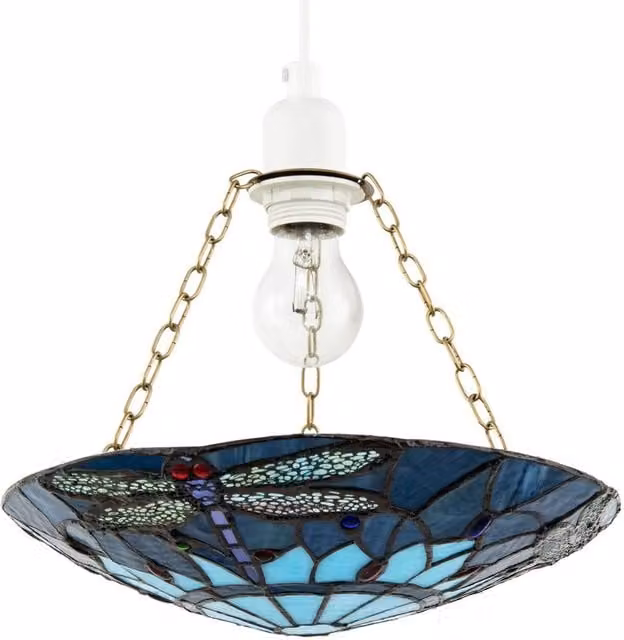 Happy Homewares Traditional Dragonfly Tiffany Glass Easy Fit Pendant Light Shade in Blue and Gold/Brass