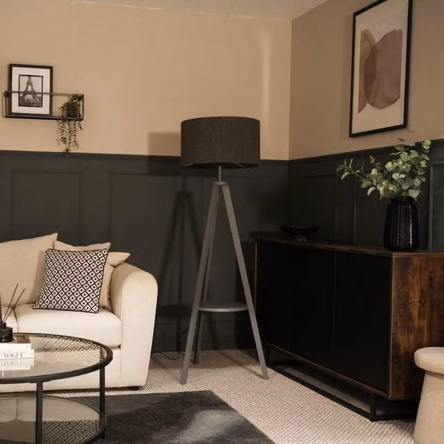 Morrigan Wood Tripod Floor Lamp with Grey Fabric Cylinder Shade