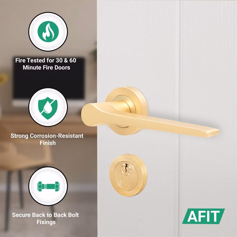 AFIT Gold Brass Fire Door Handle with Euro Lock Thumbturn Cylinder and Hinges Set – 2