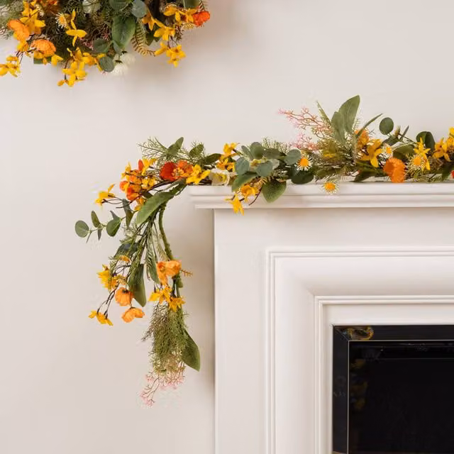 Scottish Everlastings Ltd Rustic Orange Forsythia and Poppy Floral Garland, 150 cm