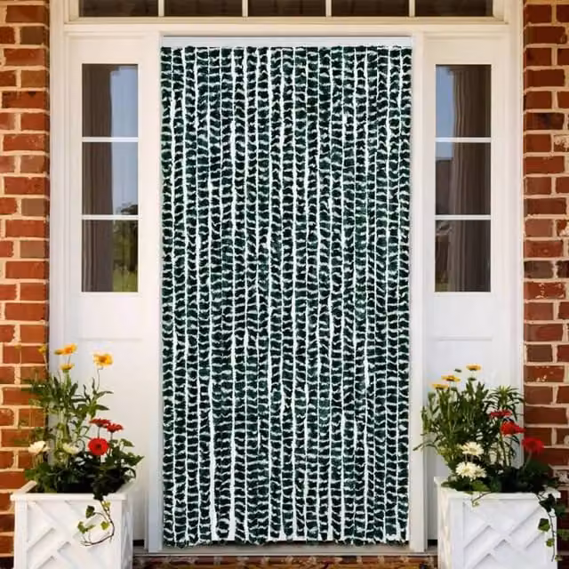 Berkfield Home Striped Chenille Fly Curtain in Green and White, W: 90 cm, H: 200 cm – 1