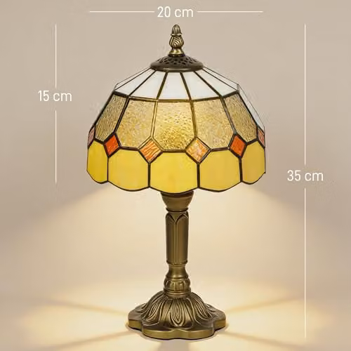 HOMCOM Art Deco Stained Glass Table Lamp in Multicolour and Bronze, H 48 x W 30 x D 30 cm – 6