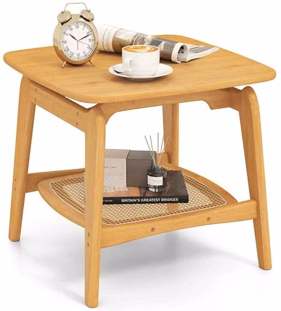 VOGREX Natural Bamboo and Rattan Side Table in Brown and Beige