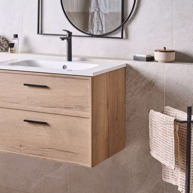 Wyld Haus Nordic Scandinavian Wall Mounted Bathroom Vanity Unit in Brown Wood with 2 Drawers