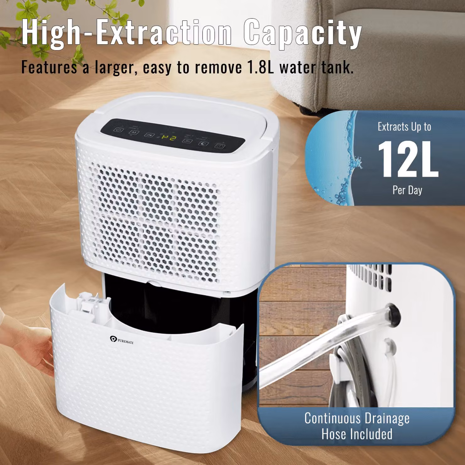 PureMate White Dehumidifier and Air Purifier with 12L Daily Capacity, Digital Humidity Display, Continuous Drainage and 24-Hour Timer – 2