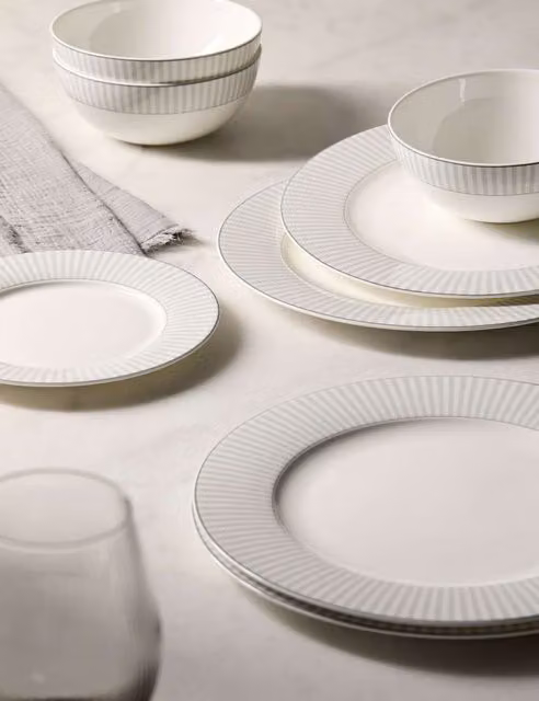 M&S Hampton 12 Piece Bone China Dinner Service in Grey and White Striped Mix