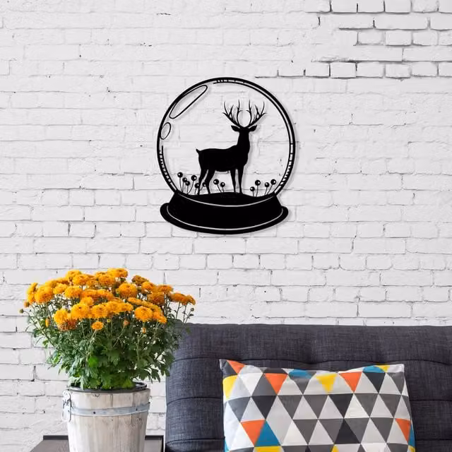 Decortie Black Metal Deer Theme Round Wall Art Decorative Object W/D/H: 45 x 40 x 40 cm