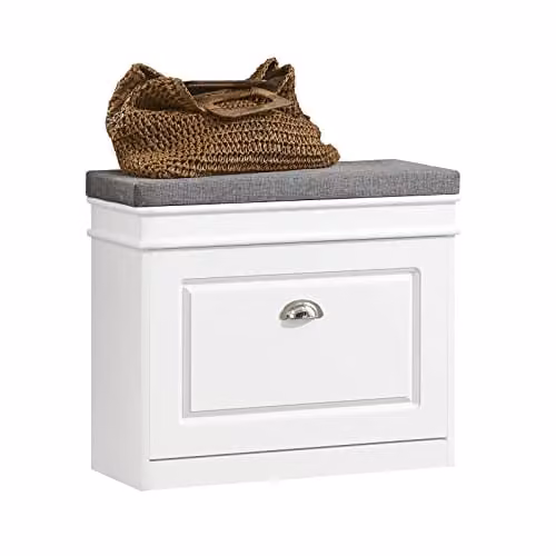 SoBuy Shoe Storage Bench with Seat Cushion in White, featuring a 2-Tier Rack and Flip Drawer for Hallway Storage, W/D/H: 60 x 24 x 51 cm