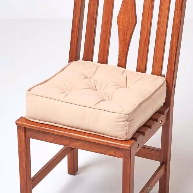 Homescapes Cotton Square Dining Chair Booster Cushion in Beige and Yellow