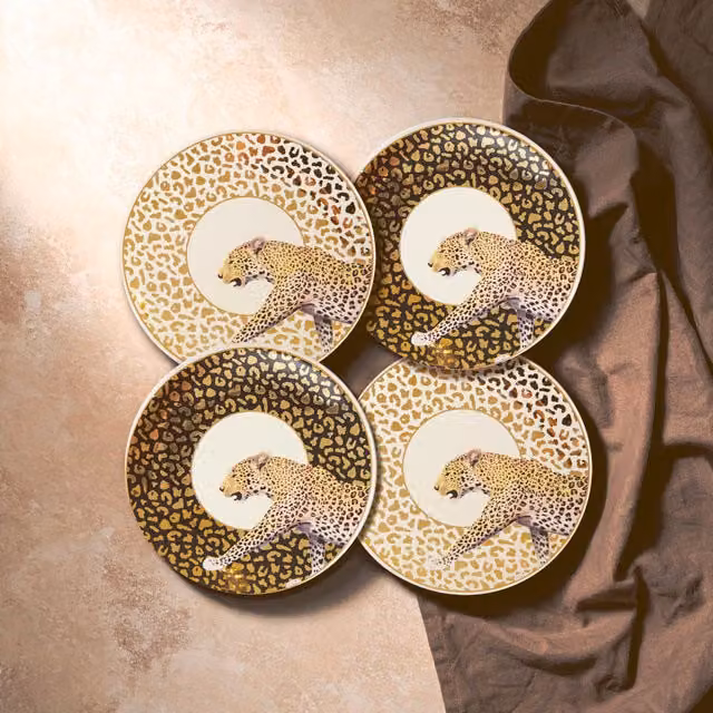 Orsina Set of 4 Leopard Print Stoneware Canape Plates in Black, White and Gold – 4