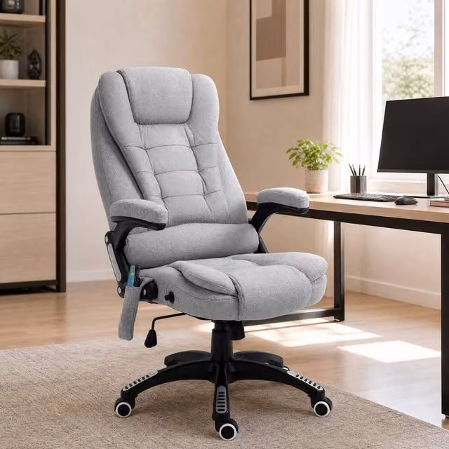 STILVORA Grey Linen Office Chair with Massage and Heated Back, W/D/H: 74 x 74 x 120 cm
