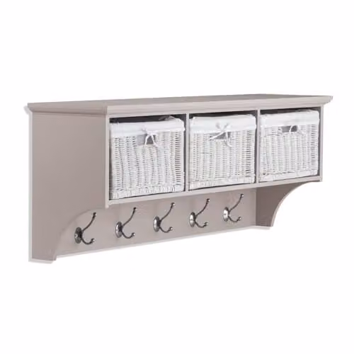 Tetbury Wall Mounted Coat Rack with 3 Storage Baskets and Hanging Shelf, Width: 113 cm, Depth: 28 cm, Height: 43 cm, Truffle