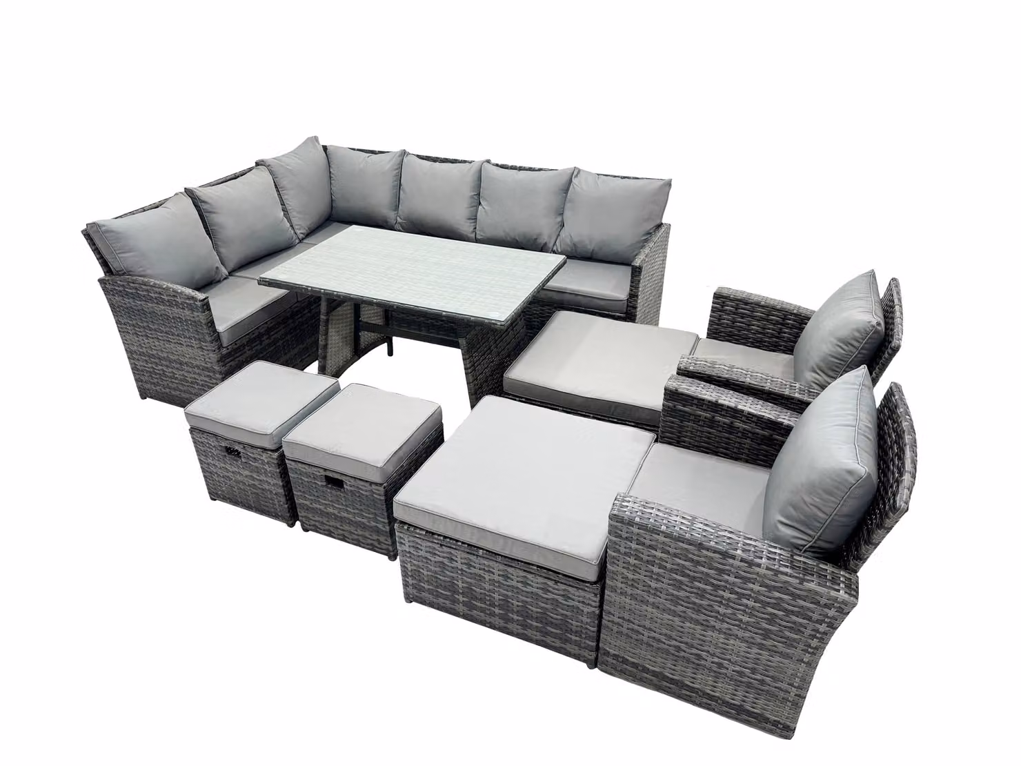 Fimous 12 Seat Oblong Patio Dining Set with Corner Sofa, 4 Stools and 2 Chairs in Dark Grey – 2