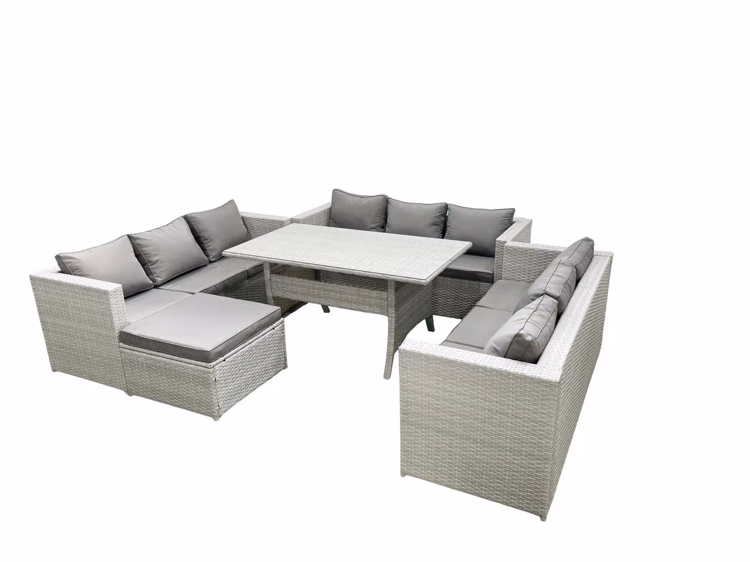 Fimous 10 Seater Rattan Garden Furniture Set with Rectangular Dining Table and Large Footstool in Light Grey – 2