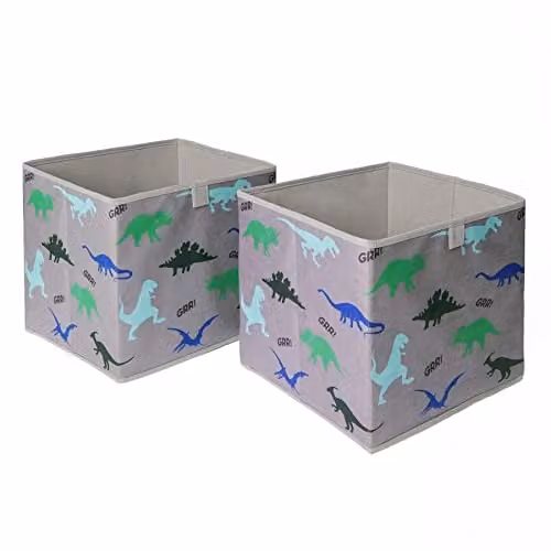 OHS Pack of 2 Dinosaur Print Foldable Cube Storage Boxes for Children, Grey, Green and Blue, W/D/H: 27.0 x 27.0 x 27.0 cm