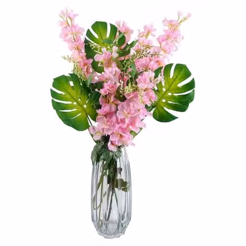 Leaf Design Artificial Flower Display with Pink and Green Textile Flowers and Glass Vase, H 30.0 cm x W 12.0 cm x D 11.0 cm – 1