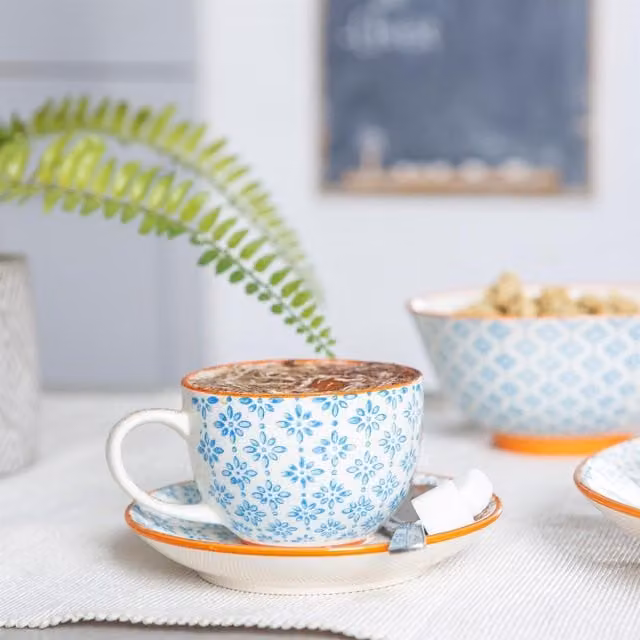 Nicola Spring Hand-Printed Cappuccino Cup and Saucer Set, Blue, 24 Pack