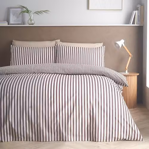 Catherine Lansfield Epping Textured Stripe Reversible Single Duvet Cover and Pillowcase Set, Brown, Duvet Cover: 135 x 200 cm, Pillowcase: 50 x 75 cm – 1