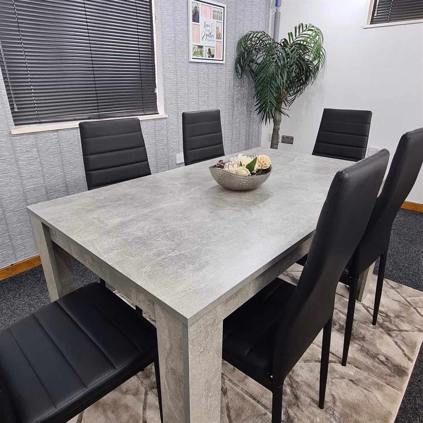 KOSY KOALA Stone Grey Effect Dining Table Set with 6 Black Chairs and Brown Accents – 5