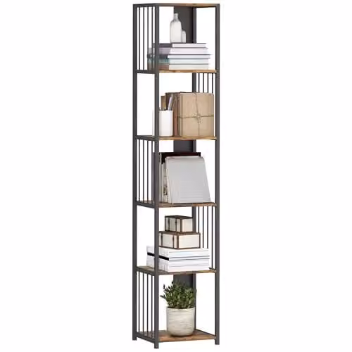 HOMCOM 5-Tier Modern Tall Bookshelf Display Unit in Rustic Brown and Black, W/D/H: 33.5 x 30 x 165 cm
