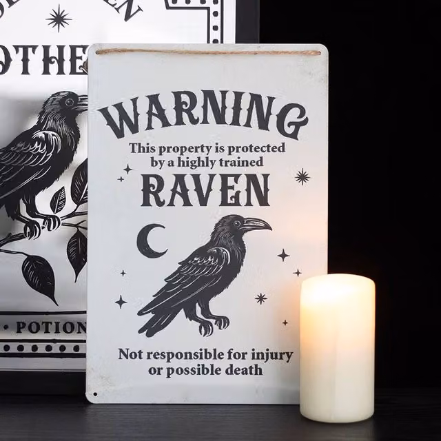 Uniqueful Gothic Protected by a Raven Metal Hanging Sign in White