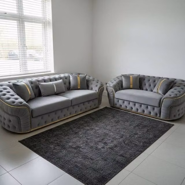 Stratus Interiors Ambassador 2+3 Sofa Set in Grey Velvet with Silver Trim