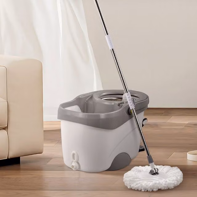 Komore Wall-Mountable Microfibre Mop and Stainless Steel Bucket Set in Grey and White