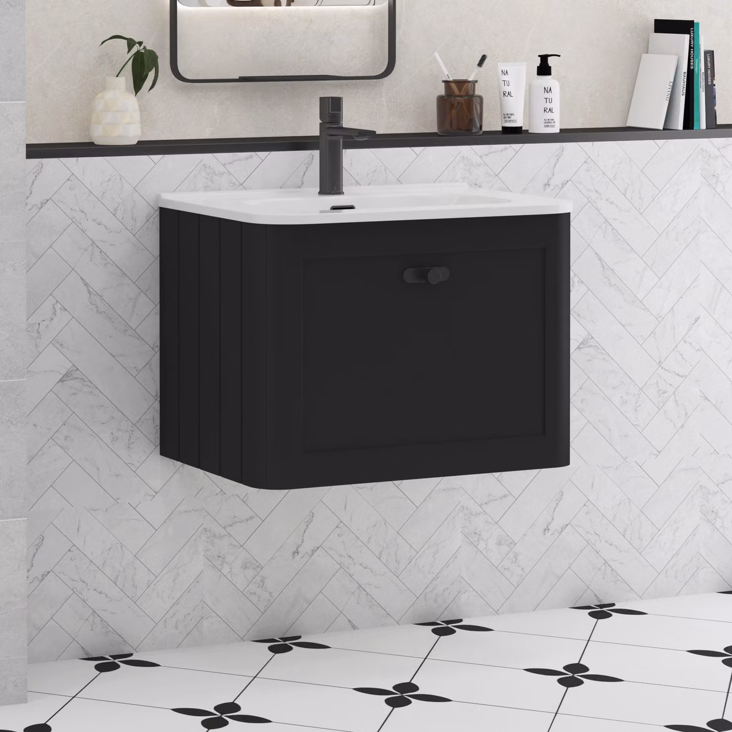 Royal Bathrooms Henley Wall Hung Vanity Unit with Ceramic Basin in Matt Nocturne Black, 600mm