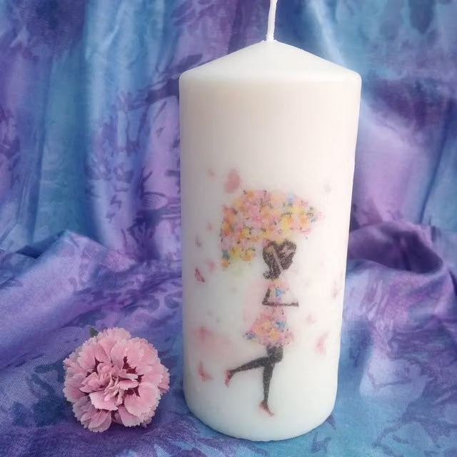 Viki Flower Girl White Floral Pillar Candle for Weddings and Christmas