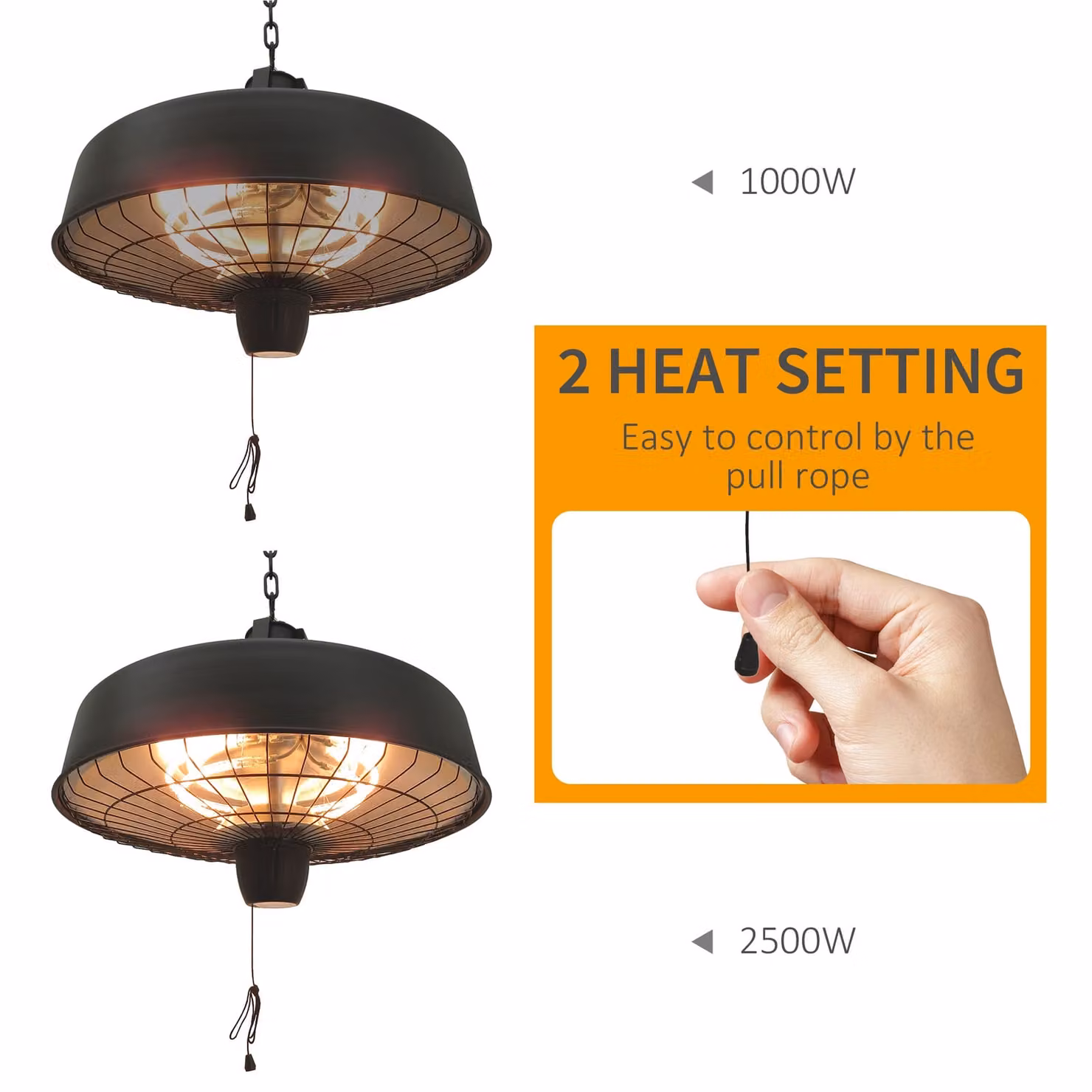 Outsunny Adjustable Infrared Halogen Electric Light Heater, 1000/2500W, Ceiling Hanging Mount, Black – 3