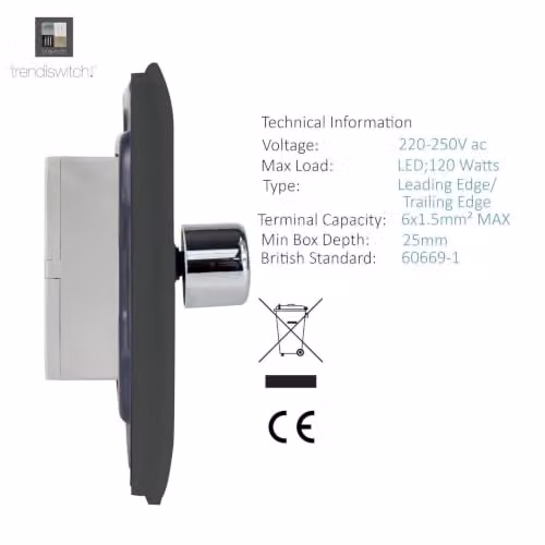 Trendi Modern Glossy Tactile 2 Gang 2 Way 120w LED Dimmer Switch in Charcoal Grey – 4