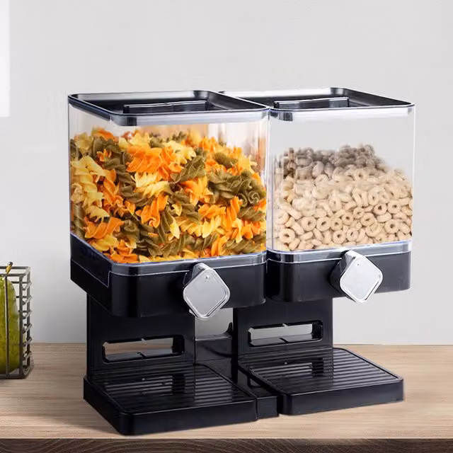 Livingandhome Dual Cereal Dispenser with Airtight Glass and Plastic Containers in Black and Transparent