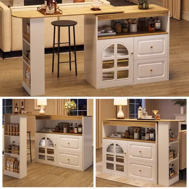 BTM Extendable Bar Table with 360 Degree Rotating Top and Storage in White