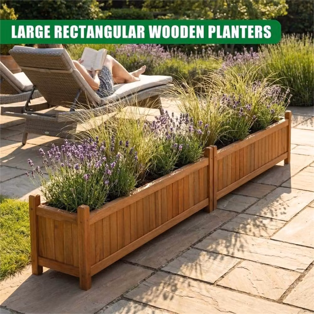 Kelvenix Set of 2 Large Rectangular Wooden Garden Planters in Brown – 4