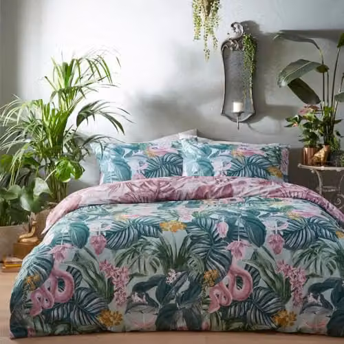 Riva Home Medinilla Single Duvet Cover and Pillowcase Set, Floral Green and Purple, W/D/H: 90 x 200 cm, Pillowcase: 50 x 75 cm