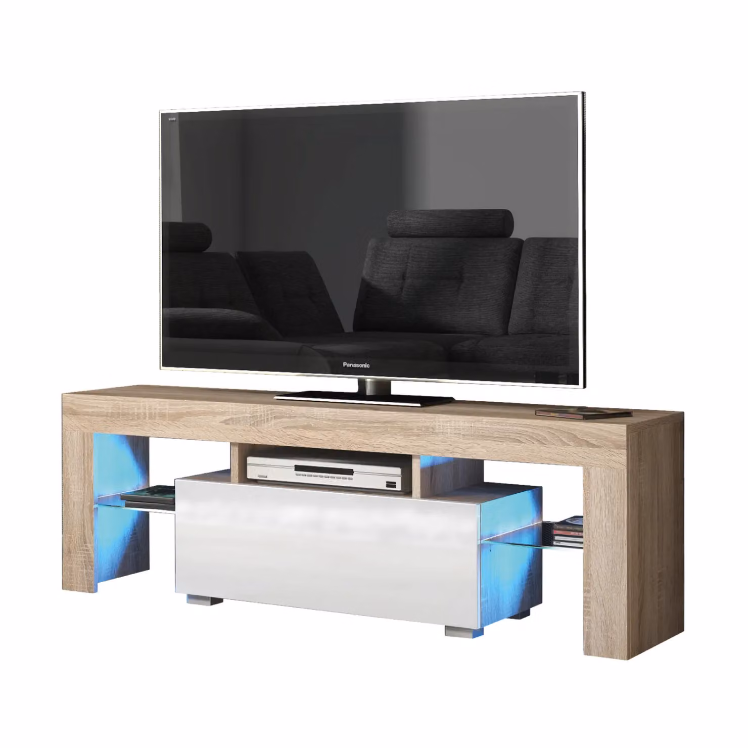 Creative Furniture Floe TV Unit in Oak with White Gloss Doors and LED Lights, W/D/H: 130 x 45 x 35 cm – 5