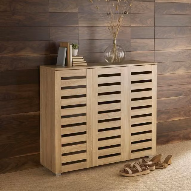 Home Source Oslo 3 Door Shoe Storage Cabinet Unit with Slatted Doors in Light Oak – 1