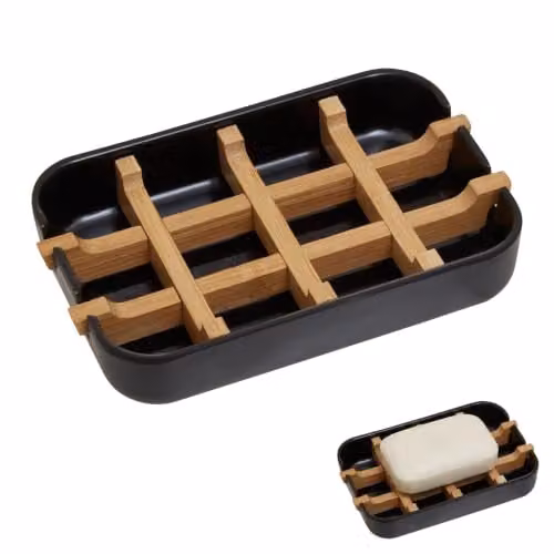 Orsina Modern Bamboo Soap Dish with Drainage and Removable Insert, Grey and Black, W: 13 cm, D: 9 cm, H: 3 cm – 1
