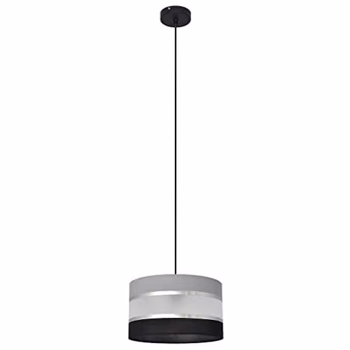Netlighting Helen Cylindrical Fabric Pendant Ceiling Light in Grey, Silver and Black, Diameter: 25 cm