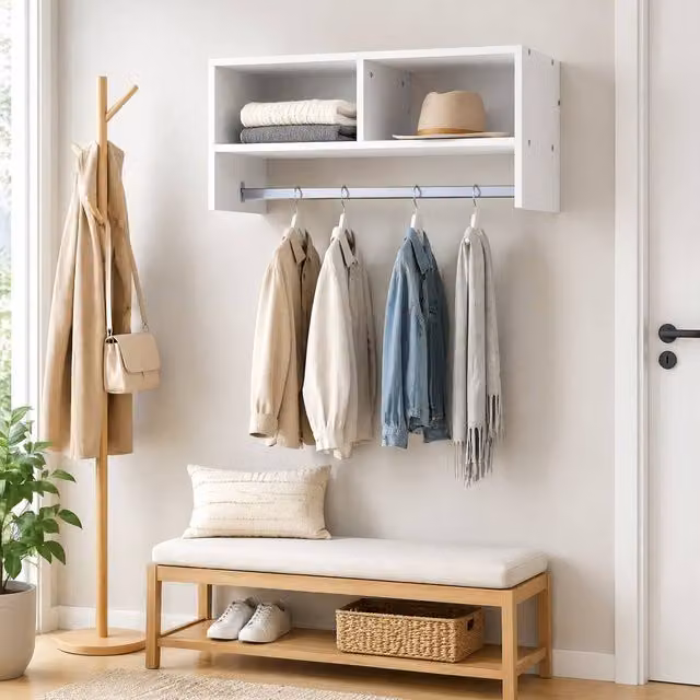 STILVORA Wall Mounted Coat Rack with Clothes Rail and 2 Shelves in Matt White – 1