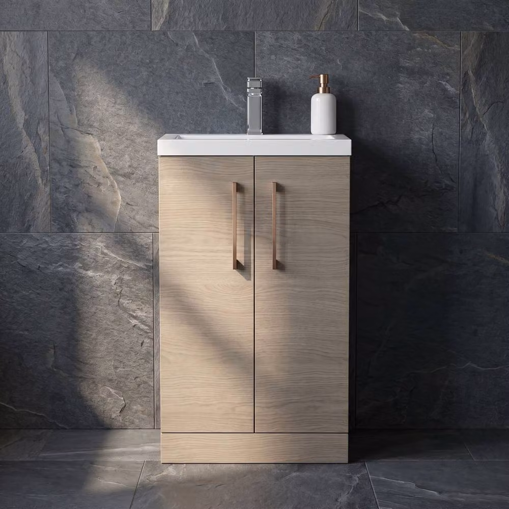 Balterley Mid Oak Bathroom Vanity Basin Unit with Brushed Bronze Handles, Brown, Width: 50 cm – 2