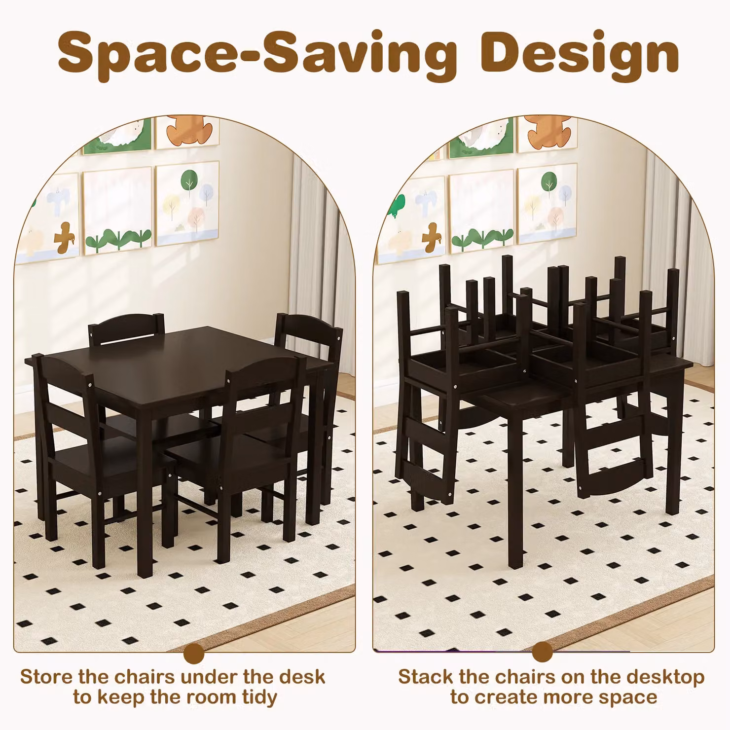 Gymax Childrens Activity Table and 4 Chairs Set in Dark Brown Lacquered Pine Wood – 5