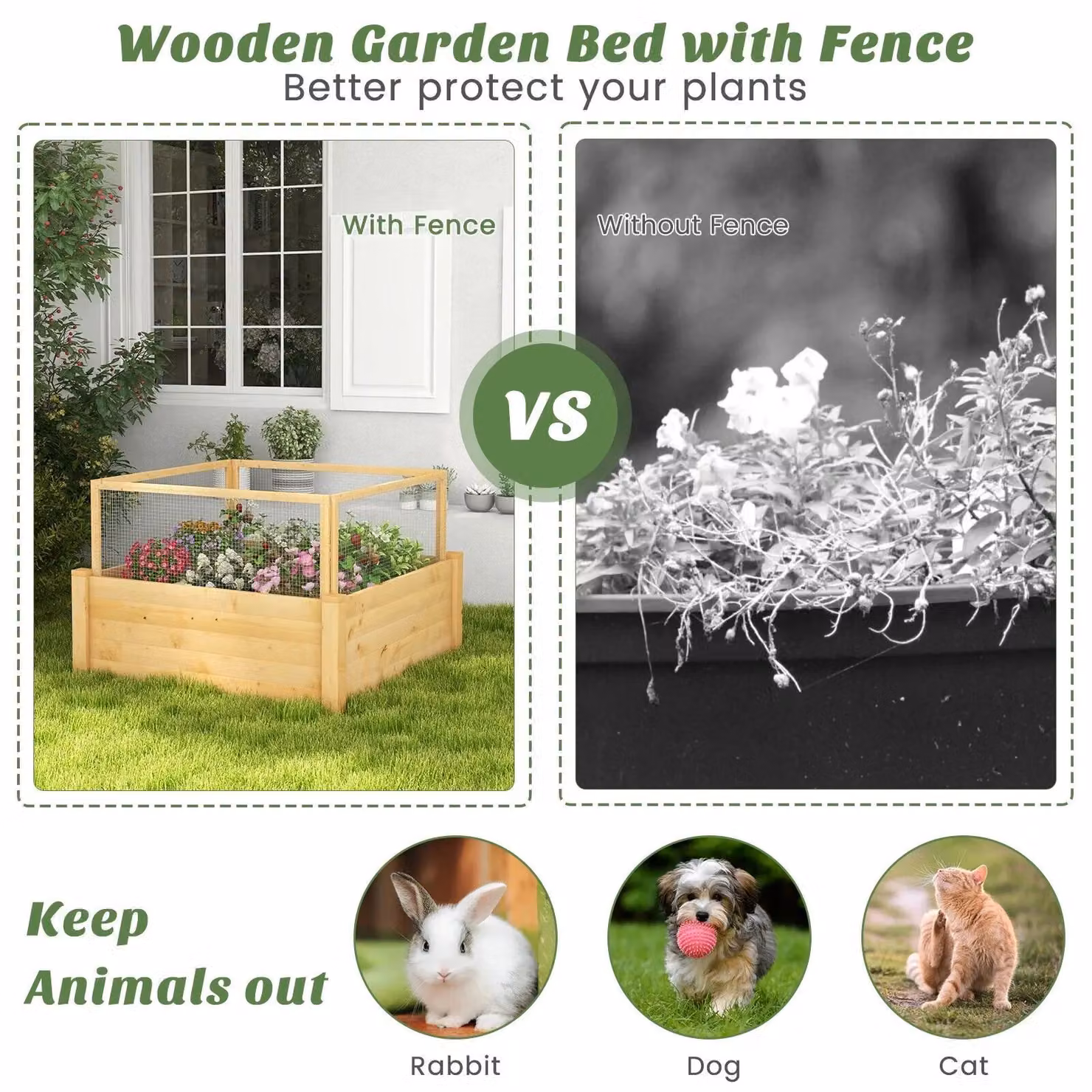 Costway Wooden Elevated Square Raised Garden Bed with Fence in Brown and Sand – 3