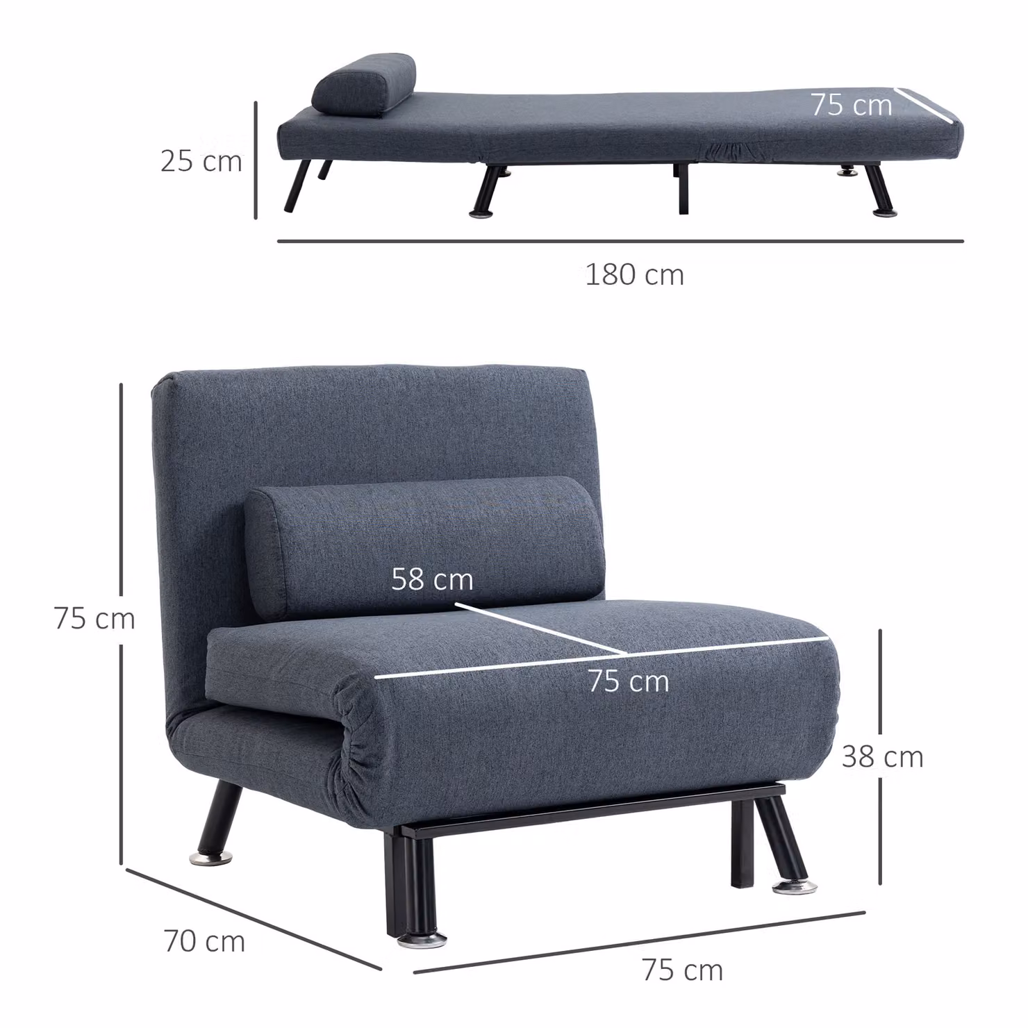 HOMCOM Single Sofa Bed Sleeper Chair in Dark Grey, Foldable Microfibre Fabric Guest Bed with Armrests and Click-Clack Function – 4