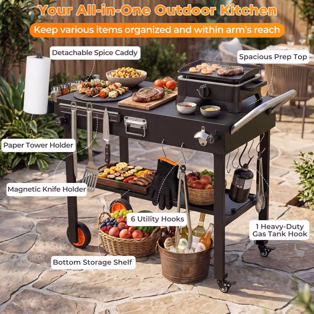 Costway Folding BBQ Prep Table Rolling Grill Cart with Heat-Resistant Mat in Black – 7