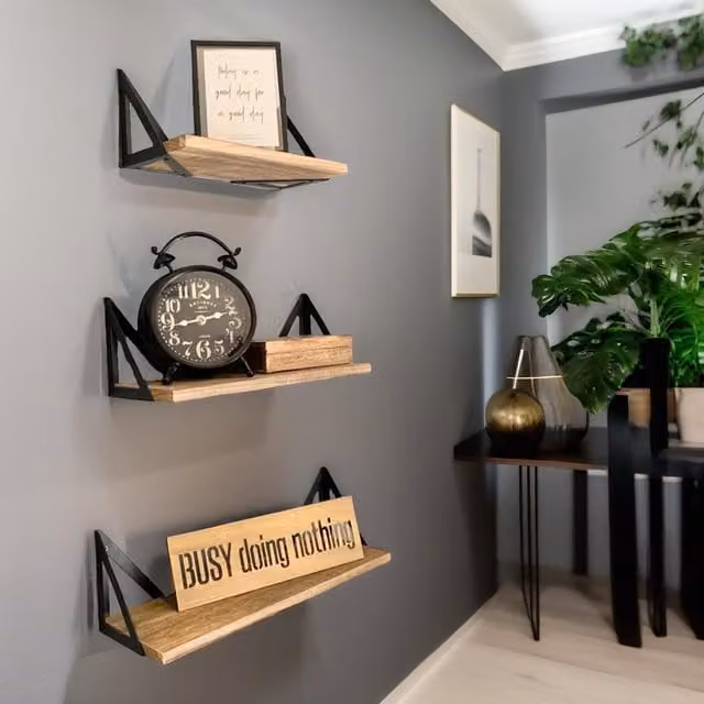Rafaelo Mobilia Industrial Set of 3 Adjustable Wall Mounted Corner Shelves in Brown with Integrated Lighting – 1