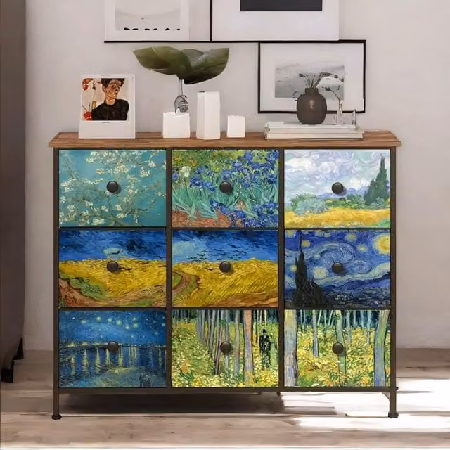 FURNOS 9 Fabric Drawer Bedroom Dresser with Abstract Patterns in Brown and Multicolour